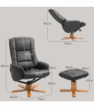 HOMCOM Recliner Armchair with Wood Base, Upholstered Reclining Chair, Black