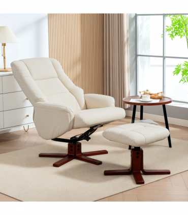 HOMCOM Recliner Armchair with Wood Base, Upholstered Reclining Chair, Cream