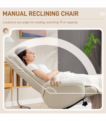 HOMCOM Recliner Armchair with Wood Base, Upholstered Reclining Chair, Cream