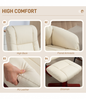 HOMCOM Recliner Armchair with Wood Base, Upholstered Reclining Chair, Cream