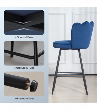 HOMCOM Set of 2 Barstools with Petal Backrest for Kitchen Island Dark Blue