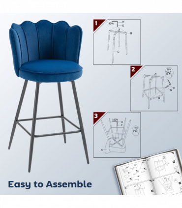 HOMCOM Set of 2 Barstools with Petal Backrest for Kitchen Island Dark Blue