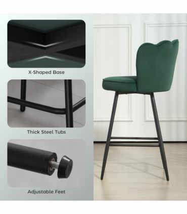 HOMCOM Set of 2 Barstools with Petal Backrest for Kitchen Island Dark Green