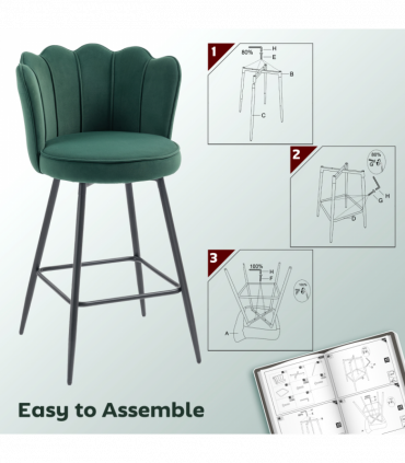 HOMCOM Set of 2 Barstools with Petal Backrest for Kitchen Island Dark Green