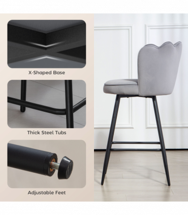 HOMCOM Set of 2 Barstools with Petal Backrest for Kitchen Island Grey