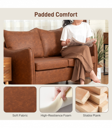 HOMCOM Two-Seater Sofa, Modern Small Sofa with Solid Wood Legs, Brown