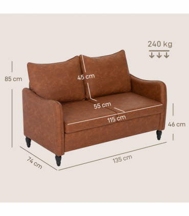 HOMCOM Two-Seater Sofa, Modern Small Sofa with Solid Wood Legs, Brown