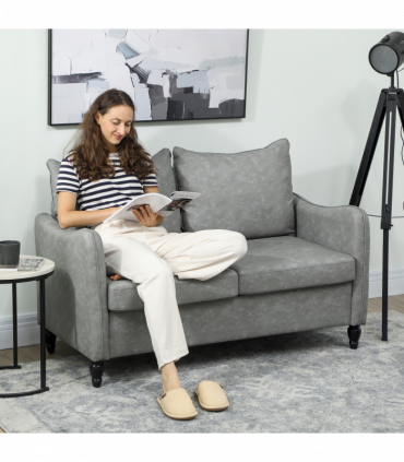 HOMCOM Two-Seater Sofa, Modern Small Sofa with Solid Wood Legs, Grey