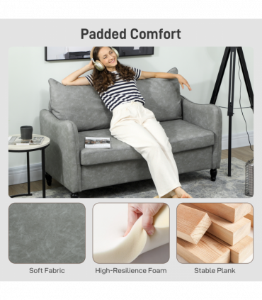 HOMCOM Two-Seater Sofa, Modern Small Sofa with Solid Wood Legs, Grey
