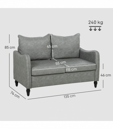 HOMCOM Two-Seater Sofa, Modern Small Sofa with Solid Wood Legs, Grey