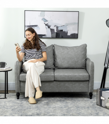 HOMCOM Two-Seater Sofa, Modern Small Sofa with Solid Wood Legs, Grey