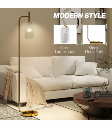 HOMCOM Modern Floor Lamp with Glass Lampshade, Foot Switch for Living Room