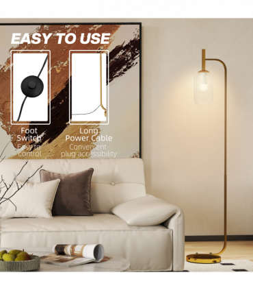 HOMCOM Modern Floor Lamp with Glass Lampshade, Foot Switch for Living Room