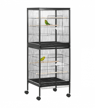 PawHut 2 In 1 Large Bird Cage Aviary with Wheels, Slide-out Trays Wood Perches