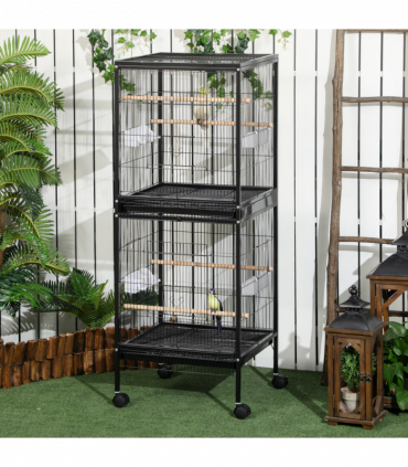 PawHut 2 In 1 Large Bird Cage Aviary with Wheels, Slide-out Trays Wood Perches