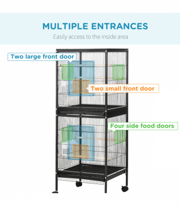 PawHut 2 In 1 Large Bird Cage Aviary with Wheels, Slide-out Trays Wood Perches