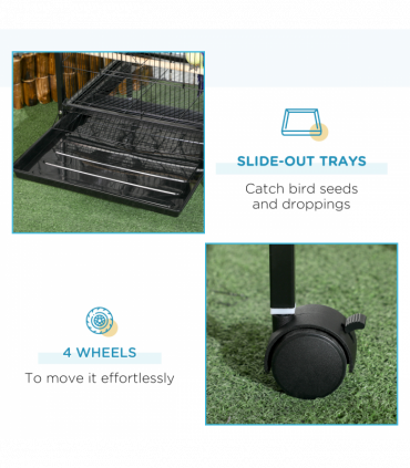 PawHut 2 In 1 Large Bird Cage Aviary with Wheels, Slide-out Trays Wood Perches