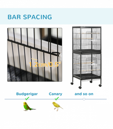 PawHut 2 In 1 Large Bird Cage Aviary with Wheels, Slide-out Trays Wood Perches