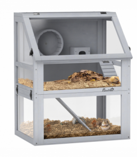 PawHut Wooden Hamster Cage w/ Detachable Bottom, Hut, Seesaw, Light Grey