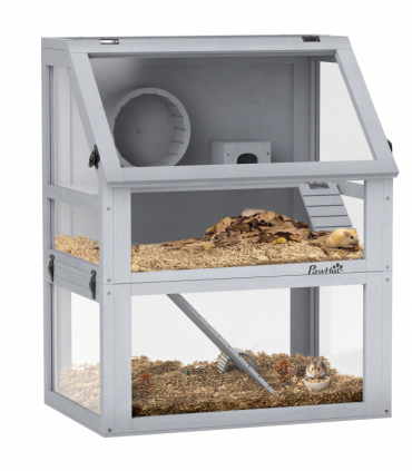 PawHut Wooden Hamster Cage w/ Detachable Bottom, Hut, Seesaw, Light Grey