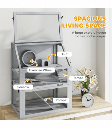PawHut Wooden Hamster Cage w/ Detachable Bottom, Hut, Seesaw, Light Grey