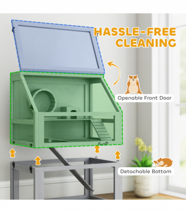 PawHut Wooden Hamster Cage w/ Detachable Bottom, Hut, Seesaw, Light Grey
