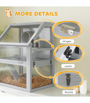 PawHut Wooden Hamster Cage w/ Detachable Bottom, Hut, Seesaw, Light Grey