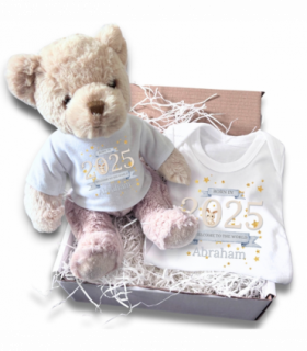 Personalised Welcome to the World 2025 Gift Hamper - Teddy & Baby Vest