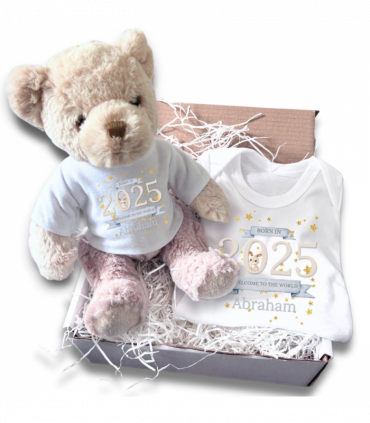 Personalised Welcome to the World 2025 Gift Hamper - Teddy & Baby Vest