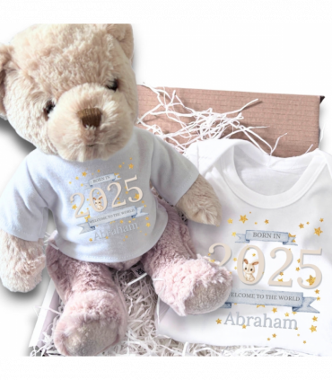 Personalised Welcome to the World 2025 Gift Hamper - Teddy & Baby Vest