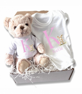 Personalised Pink Initial Bunny Gift Hamper - Teddy & Baby Vest