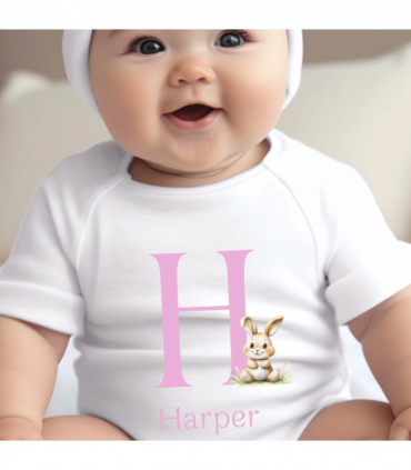 Personalised Pink Initial Bunny Gift Hamper - Teddy & Baby Vest
