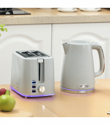 HOMCOM 1.7L 3000W Rapid Boil Kettle and 2 Slice Toaster Set Crumb Tray Grey