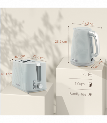 HOMCOM 1.7L 3000W Rapid Boil Kettle and 2 Slice Toaster Set Crumb Tray Grey