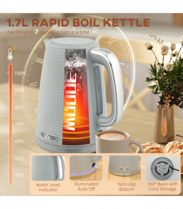 HOMCOM 1.7L 3000W Rapid Boil Kettle and 2 Slice Toaster Set Crumb Tray Grey