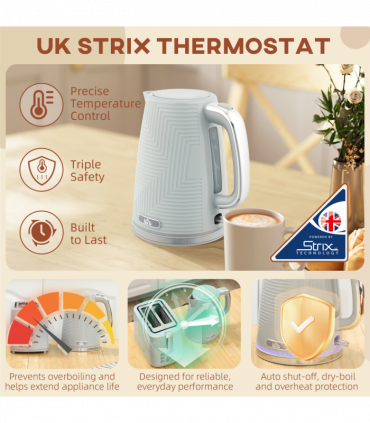 HOMCOM 1.7L 3000W Rapid Boil Kettle and 2 Slice Toaster Set Crumb Tray Grey