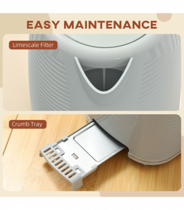 HOMCOM 1.7L 3000W Rapid Boil Kettle and 2 Slice Toaster Set Crumb Tray Grey