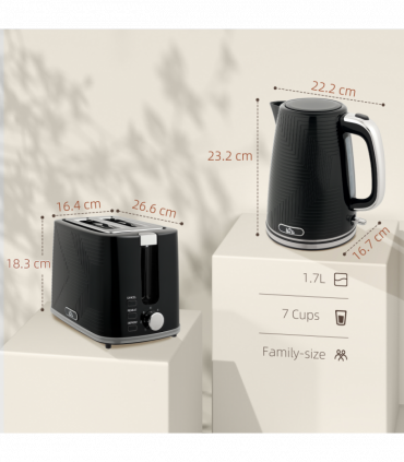 HOMCOM 1.7L 3000W Rapid Boil Kettle and 2 Slice Toaster Set Crumb Tray Black