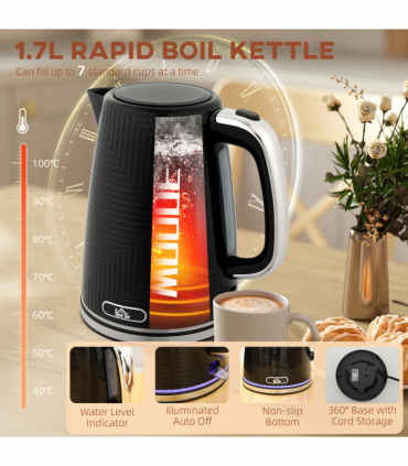 HOMCOM 1.7L 3000W Rapid Boil Kettle and 2 Slice Toaster Set Crumb Tray Black