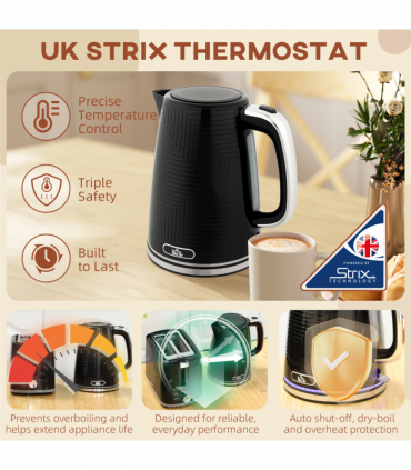 HOMCOM 1.7L 3000W Rapid Boil Kettle and 2 Slice Toaster Set Crumb Tray Black