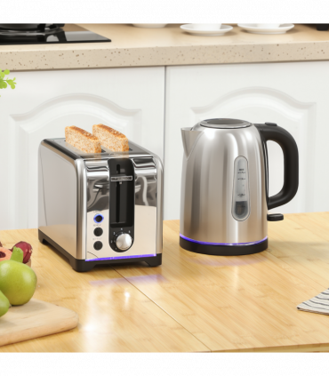 HOMCOM 1.7L 3000W Rapid Boil Jug Kettle and 2-Slice Toaster Set, Silver Tone