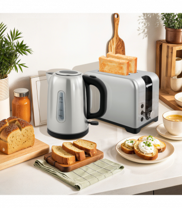 HOMCOM 1.7L 3000W Rapid Boil Jug Kettle and 2-Slice Toaster Set, Silver Tone