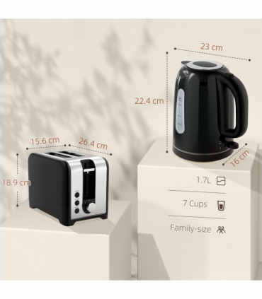 HOMCOM 1.7L 3000W Rapid Boil Jug Kettle and 2-Slice Toaster Set, Black