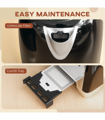 HOMCOM 1.7L 3000W Rapid Boil Jug Kettle and 2-Slice Toaster Set, Black