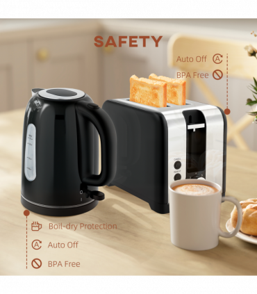 HOMCOM 1.7L 3000W Rapid Boil Jug Kettle and 2-Slice Toaster Set, Black