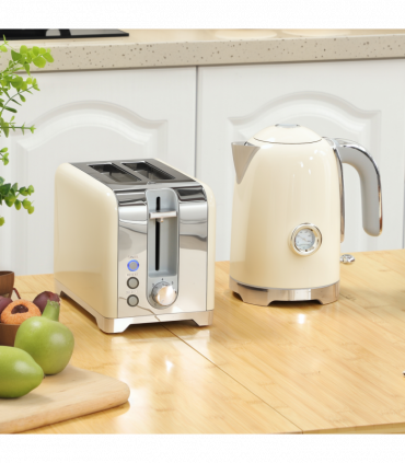 HOMCOM Kettle and Toaster Set with Temperature Gauge, Crumb Tray, Cream