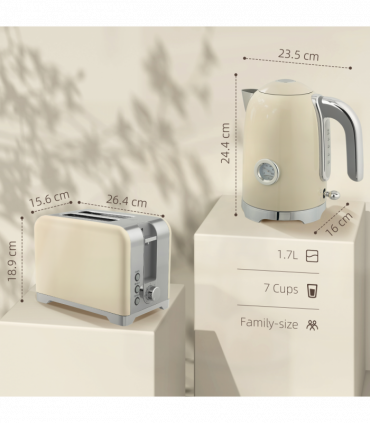 HOMCOM Kettle and Toaster Set with Temperature Gauge, Crumb Tray, Cream