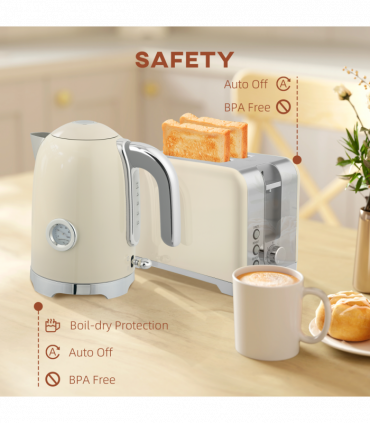 HOMCOM Kettle and Toaster Set with Temperature Gauge, Crumb Tray, Cream