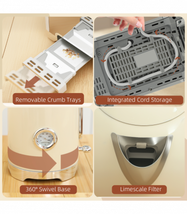 HOMCOM Kettle and Toaster Set with Temperature Gauge, Crumb Tray, Cream