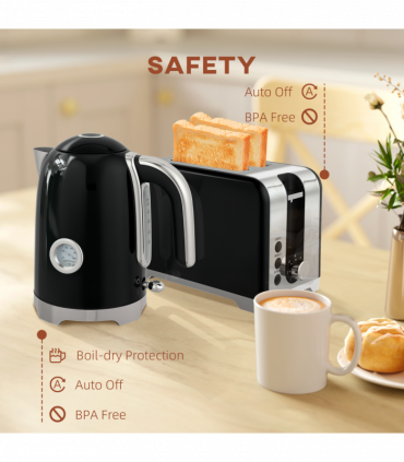 HOMCOM Kettle and Toaster Set with Temperature Gauge, Crumb Tray, Black
